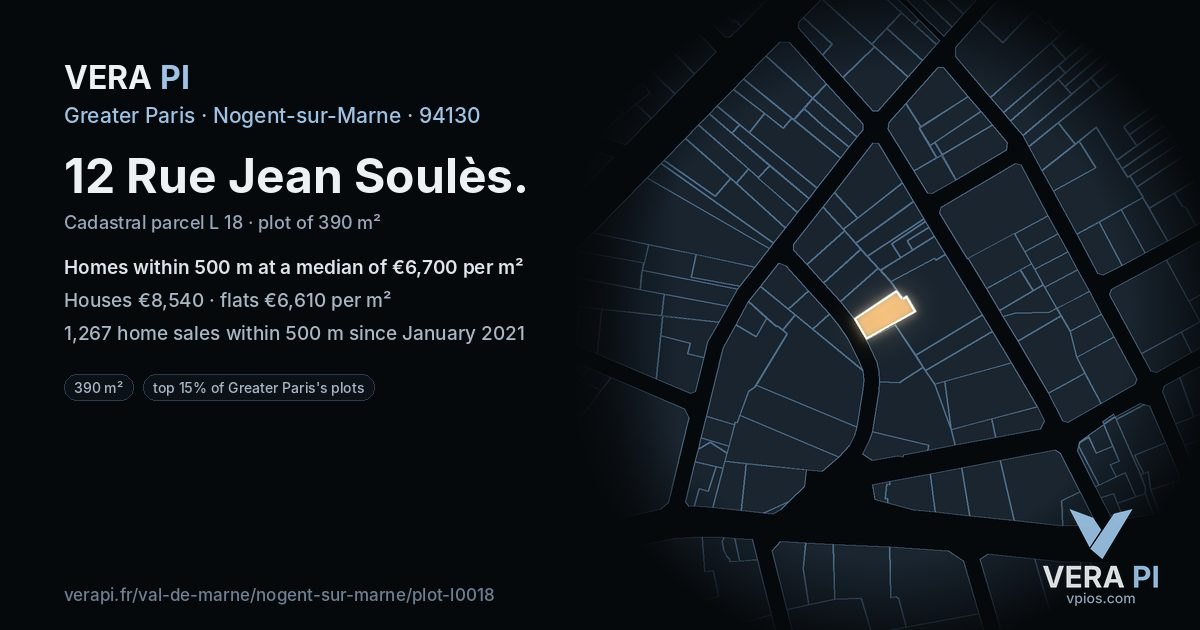 12 Rue Jean Soulès, Nogent-sur-Marne at night – the plot lit, the parcels around coloured by the prices near them