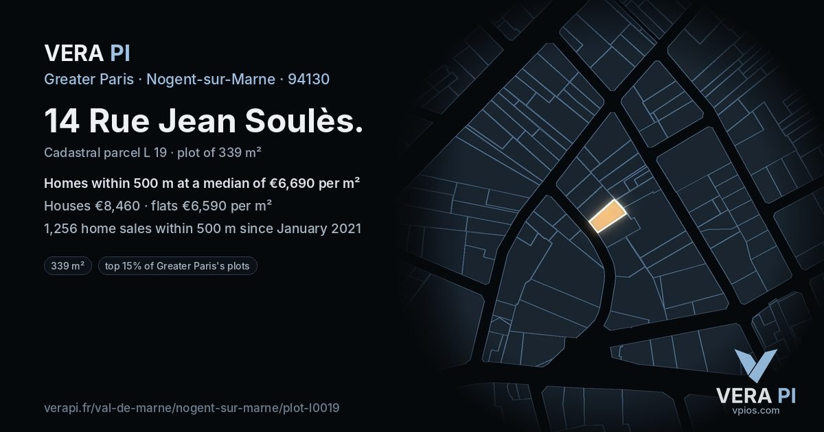 14 Rue Jean Soulès, Nogent-sur-Marne at night – the plot lit, the parcels around coloured by the prices near them