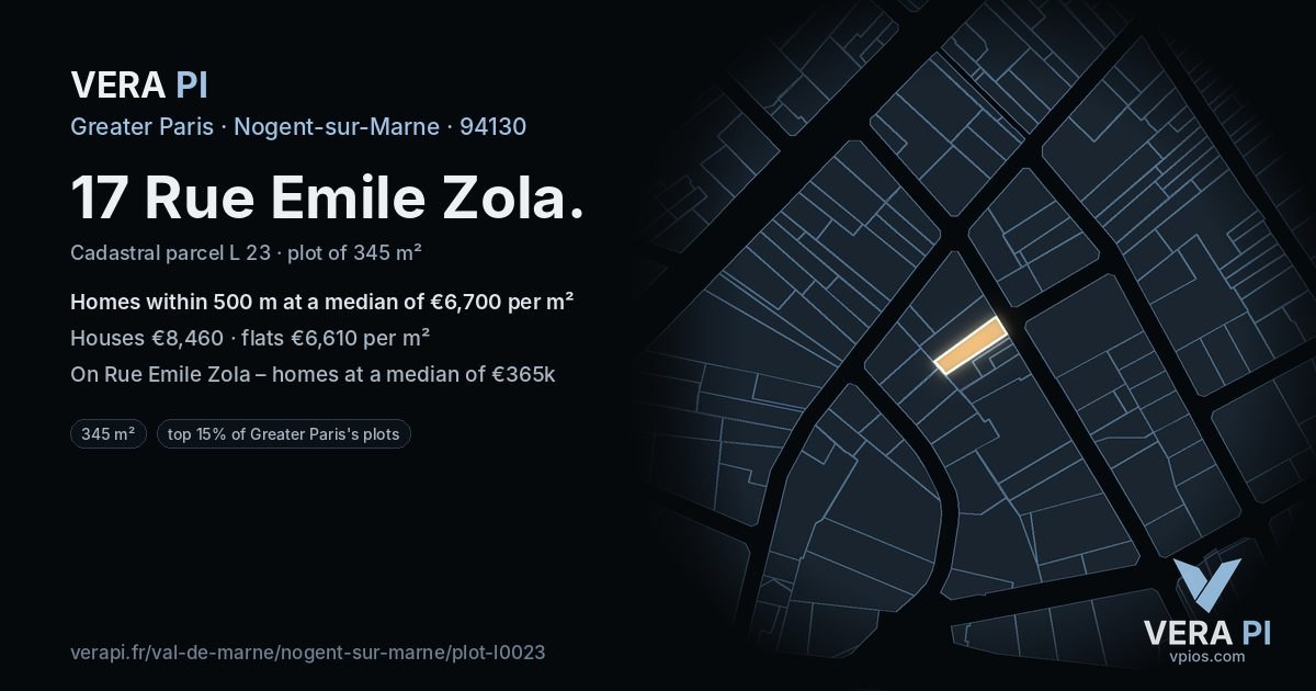 17 Rue Emile Zola, Nogent-sur-Marne at night – the plot lit, the parcels around coloured by the prices near them
