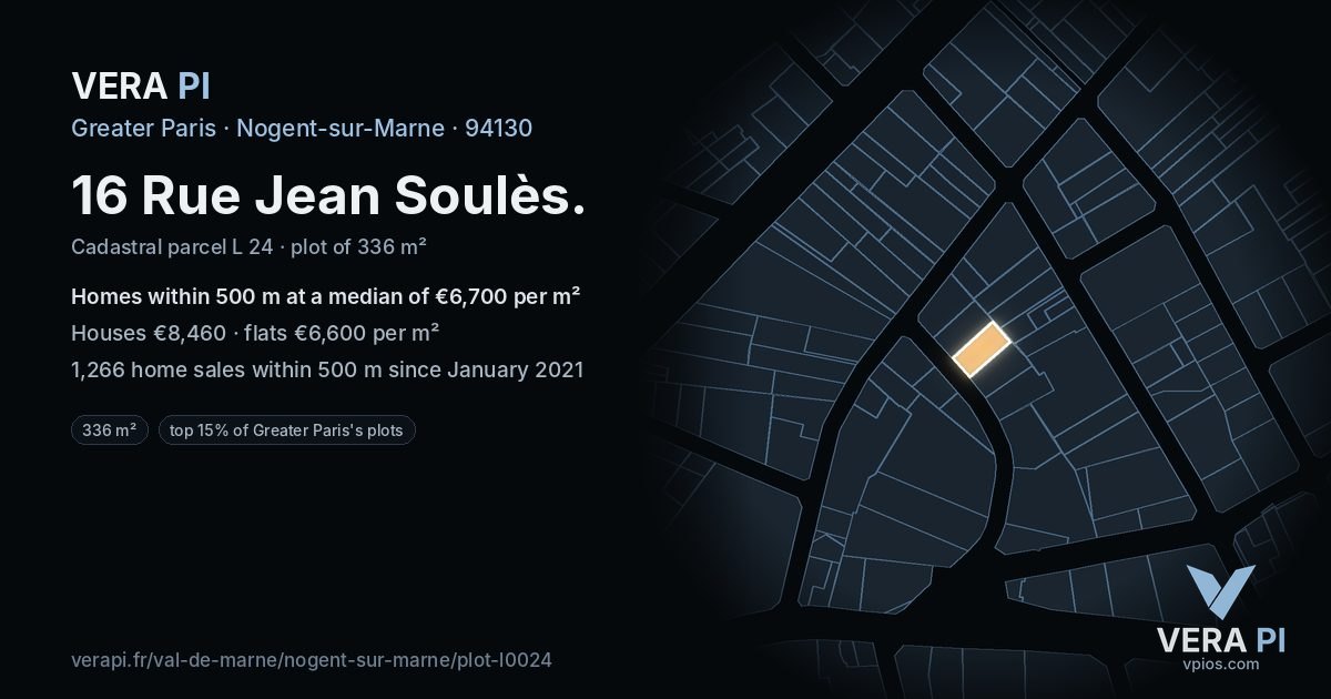16 Rue Jean Soulès, Nogent-sur-Marne at night – the plot lit, the parcels around coloured by the prices near them