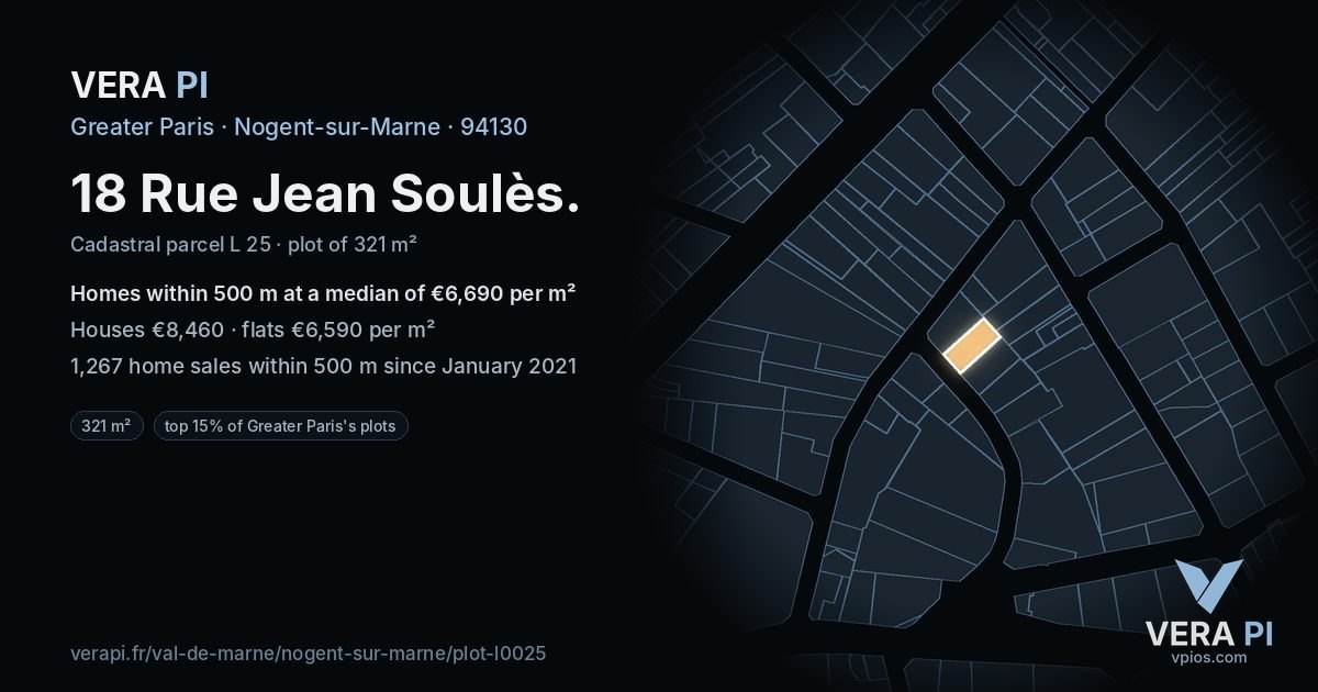 18 Rue Jean Soulès, Nogent-sur-Marne at night – the plot lit, the parcels around coloured by the prices near them