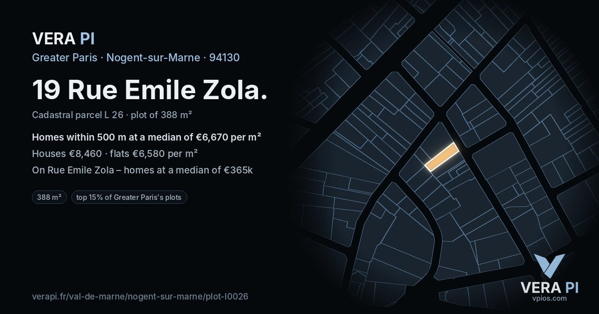 19 Rue Emile Zola, Nogent-sur-Marne at night – the plot lit, the parcels around coloured by the prices near them