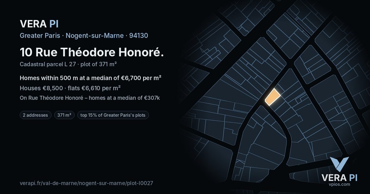 10 Rue Théodore Honoré, Nogent-sur-Marne at night – the plot lit, the parcels around coloured by the prices near them