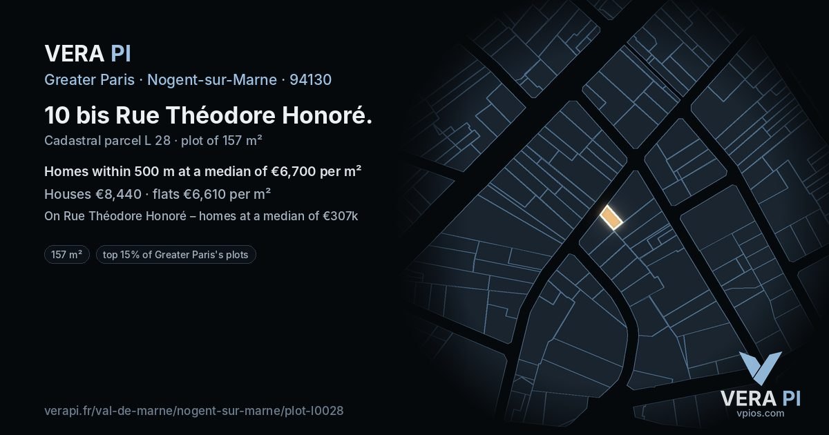 10 bis Rue Théodore Honoré, Nogent-sur-Marne at night – the plot lit, the parcels around coloured by the prices near them