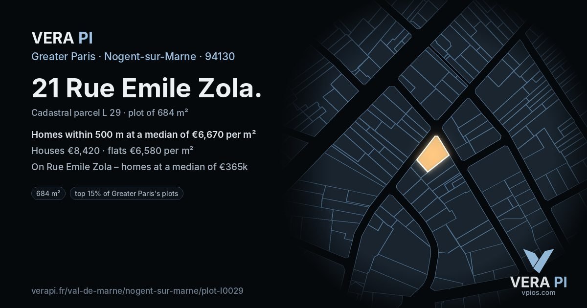 21 Rue Emile Zola, Nogent-sur-Marne at night – the plot lit, the parcels around coloured by the prices near them