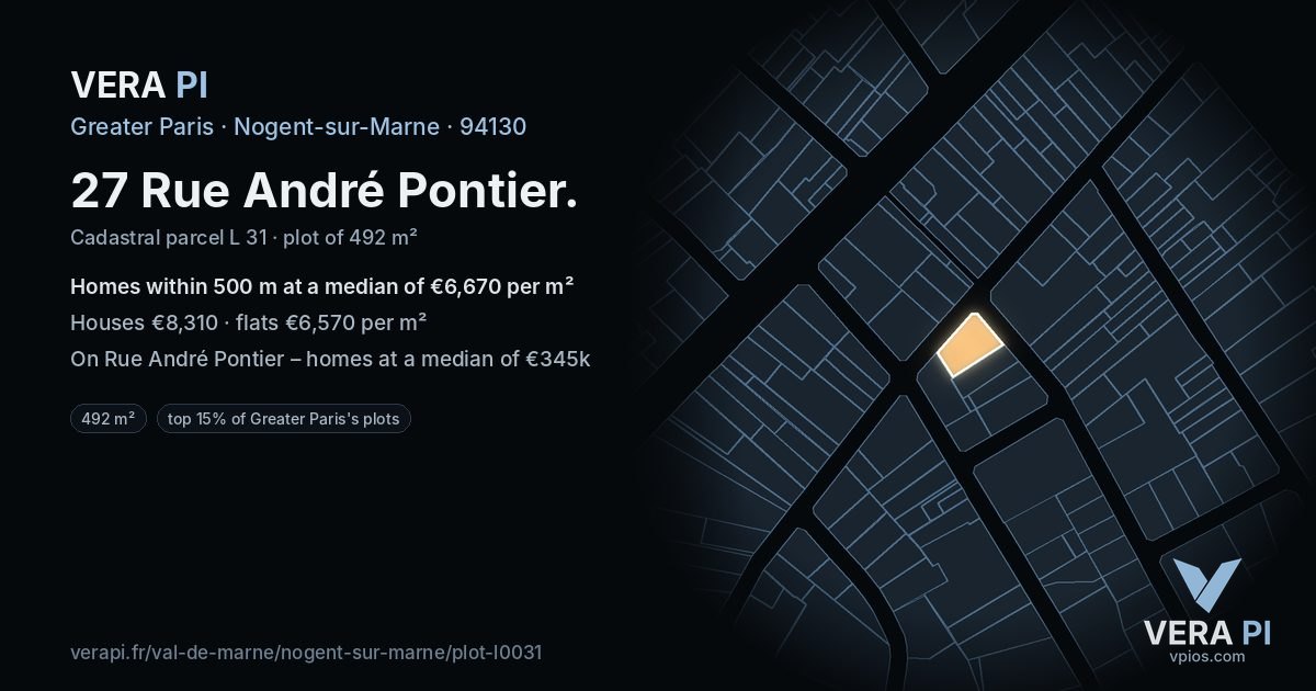 27 Rue André Pontier, Nogent-sur-Marne at night – the plot lit, the parcels around coloured by the prices near them