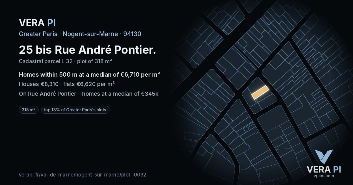 25 bis Rue André Pontier, Nogent-sur-Marne at night – the plot lit, the parcels around coloured by the prices near them