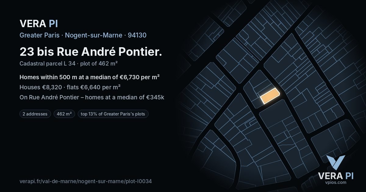 23 bis Rue André Pontier, Nogent-sur-Marne at night – the plot lit, the parcels around coloured by the prices near them