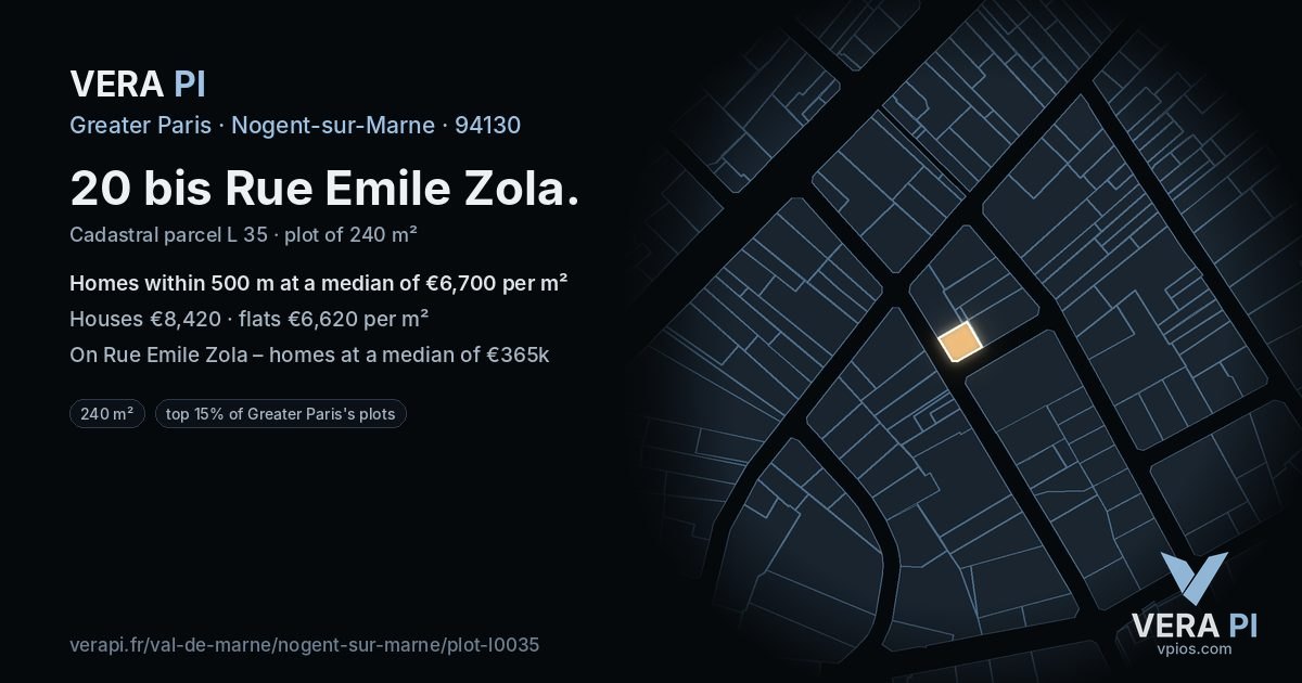 20 bis Rue Emile Zola, Nogent-sur-Marne at night – the plot lit, the parcels around coloured by the prices near them