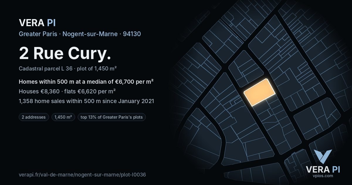 2 Rue Cury, Nogent-sur-Marne at night – the plot lit, the parcels around coloured by the prices near them