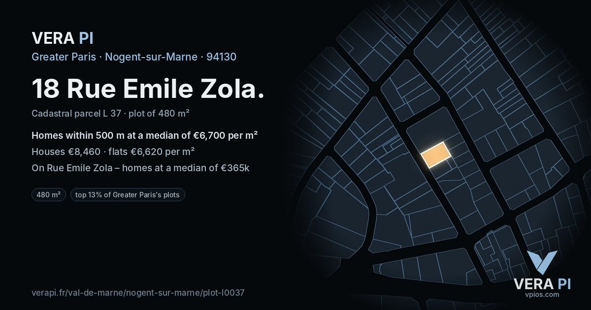 18 Rue Emile Zola, Nogent-sur-Marne at night – the plot lit, the parcels around coloured by the prices near them