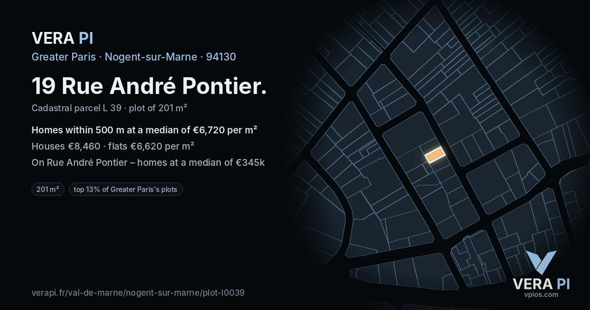 19 Rue André Pontier, Nogent-sur-Marne at night – the plot lit, the parcels around coloured by the prices near them