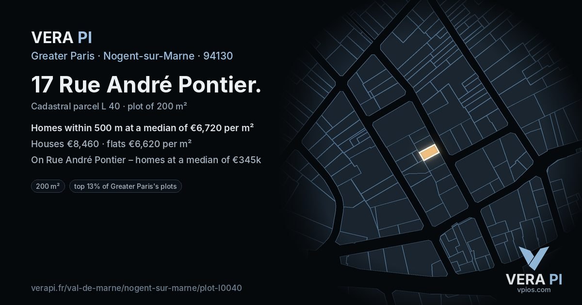17 Rue André Pontier, Nogent-sur-Marne at night – the plot lit, the parcels around coloured by the prices near them