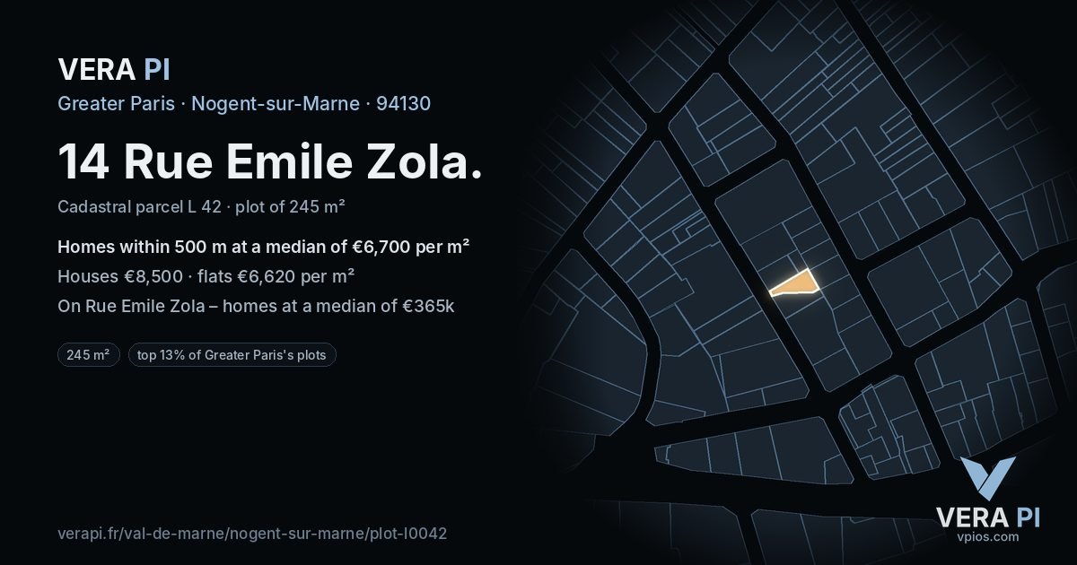 14 Rue Emile Zola, Nogent-sur-Marne at night – the plot lit, the parcels around coloured by the prices near them