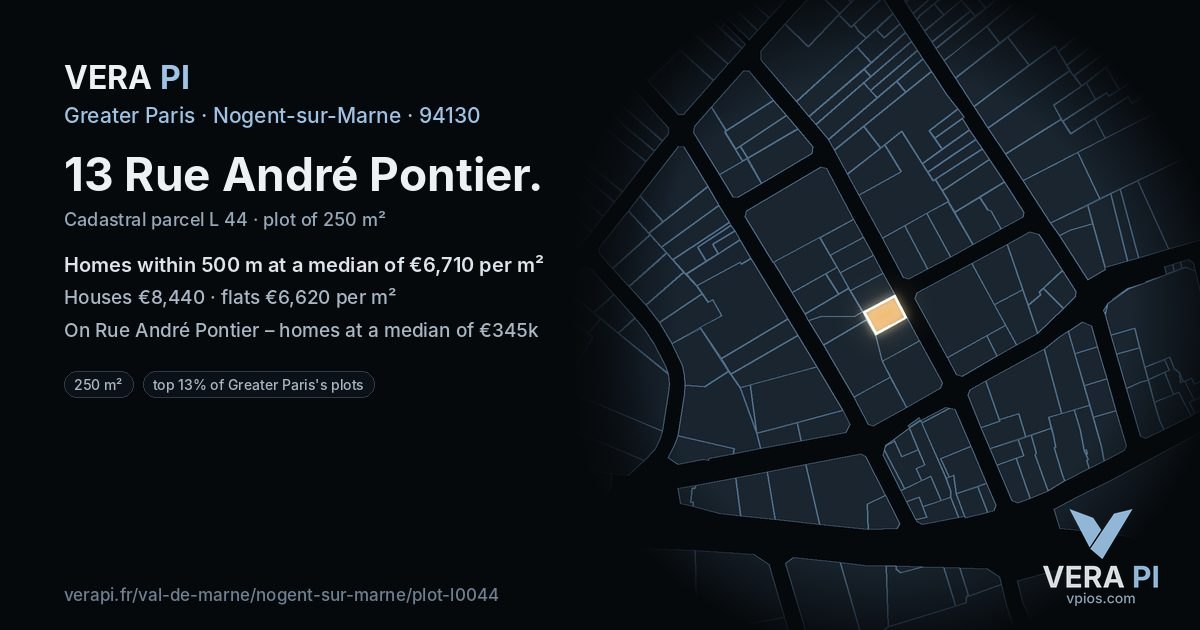 13 Rue André Pontier, Nogent-sur-Marne at night – the plot lit, the parcels around coloured by the prices near them