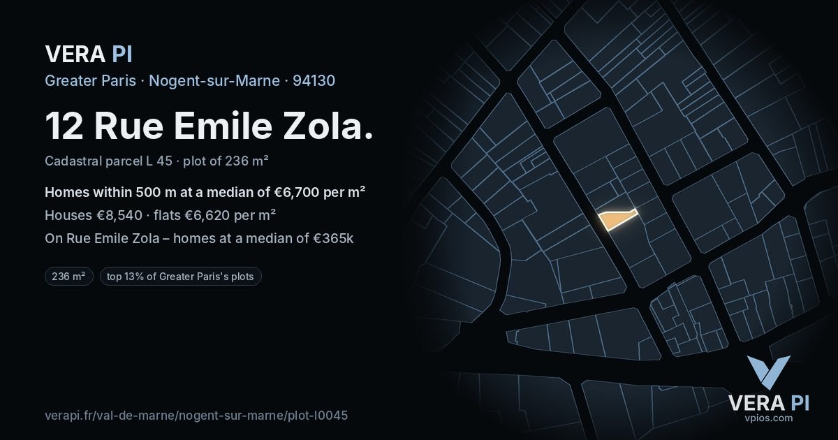 12 Rue Emile Zola, Nogent-sur-Marne at night – the plot lit, the parcels around coloured by the prices near them
