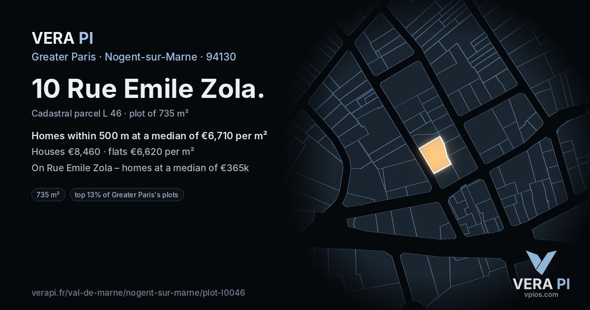 10 Rue Emile Zola, Nogent-sur-Marne at night – the plot lit, the parcels around coloured by the prices near them