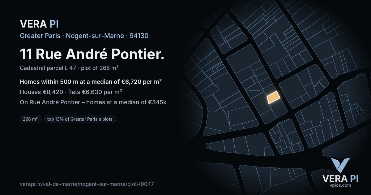 11 Rue André Pontier, Nogent-sur-Marne at night – the plot lit, the parcels around coloured by the prices near them