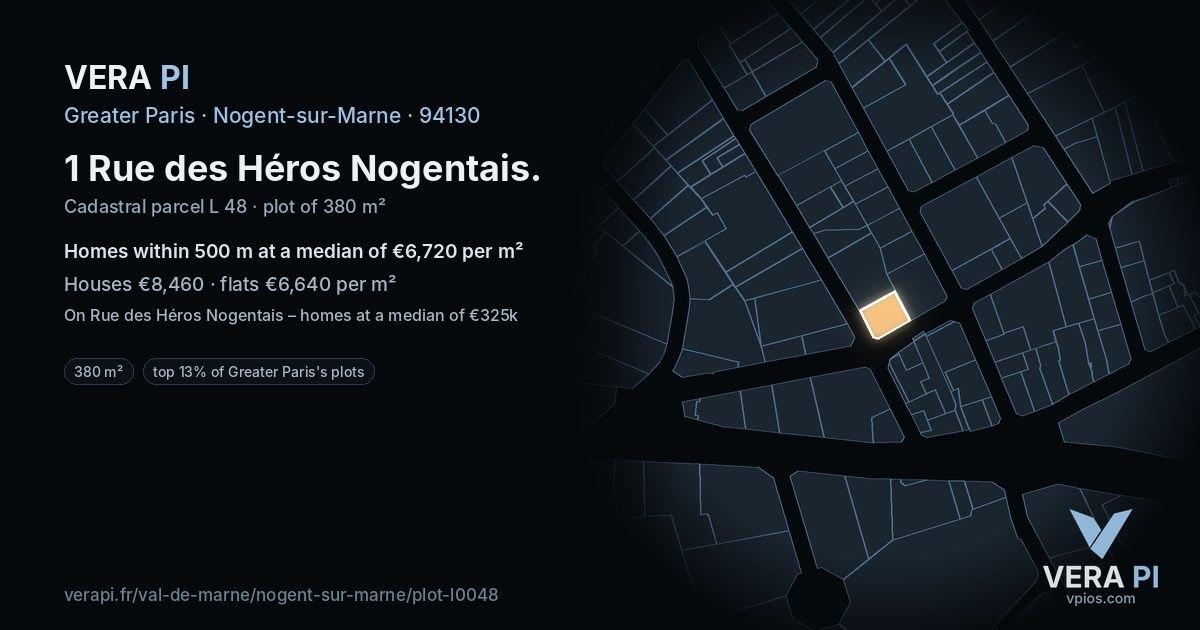 1 Rue des Héros Nogentais, Nogent-sur-Marne at night – the plot lit, the parcels around coloured by the prices near them