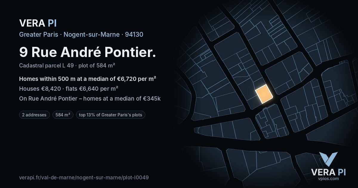 9 Rue André Pontier, Nogent-sur-Marne at night – the plot lit, the parcels around coloured by the prices near them