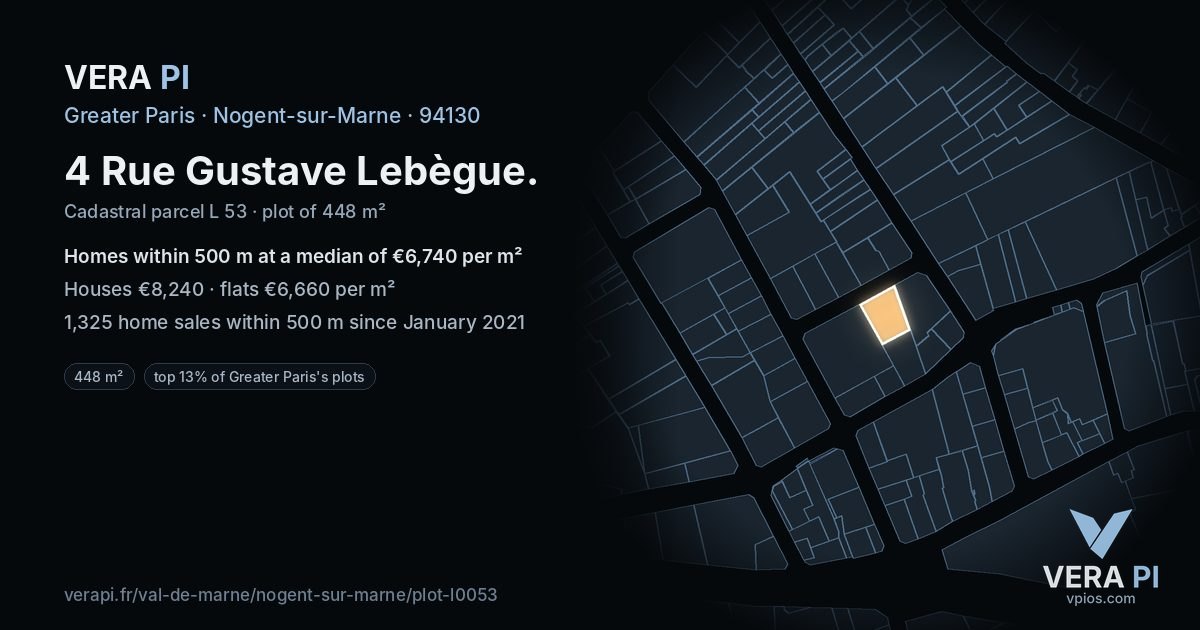 4 Rue Gustave Lebègue, Nogent-sur-Marne at night – the plot lit, the parcels around coloured by the prices near them
