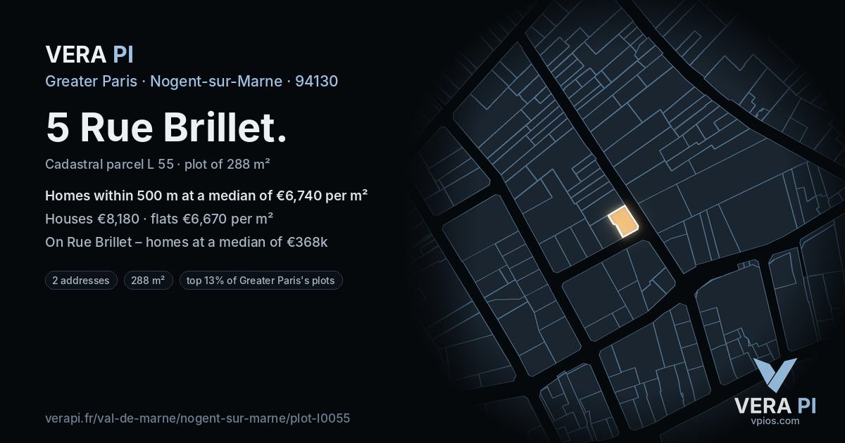 5 Rue Brillet, Nogent-sur-Marne at night – the plot lit, the parcels around coloured by the prices near them