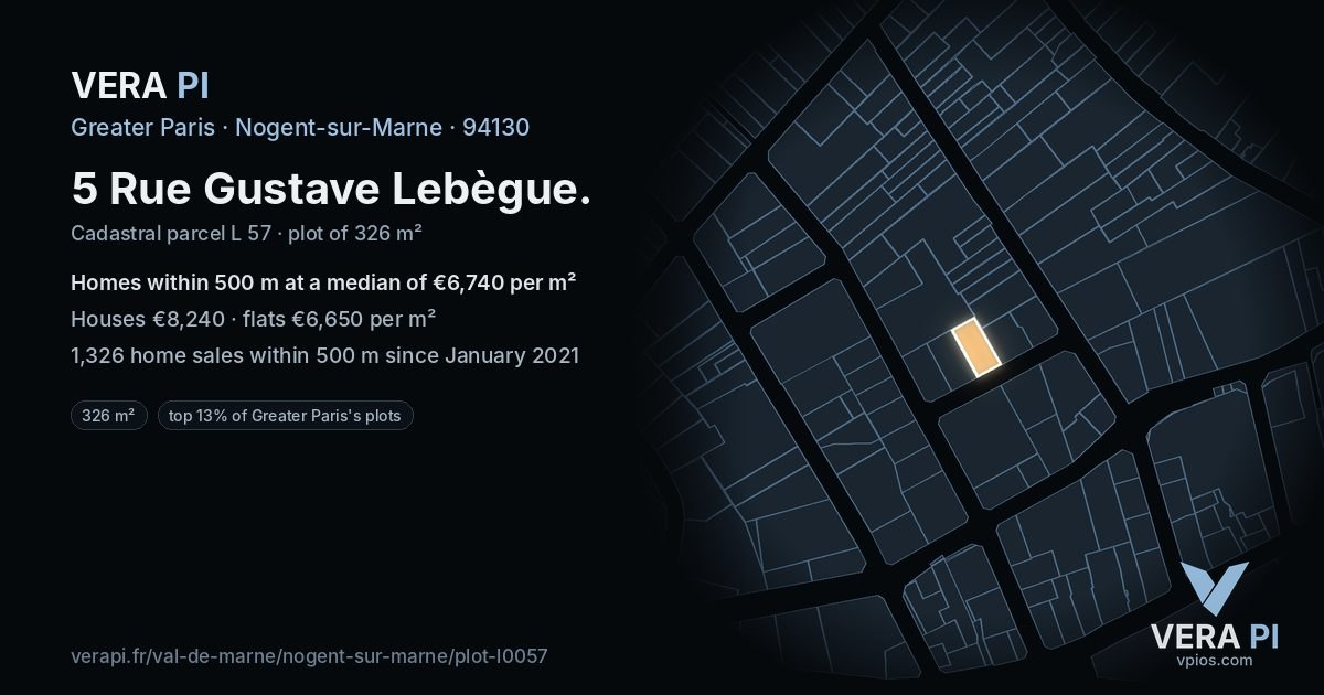 5 Rue Gustave Lebègue, Nogent-sur-Marne at night – the plot lit, the parcels around coloured by the prices near them