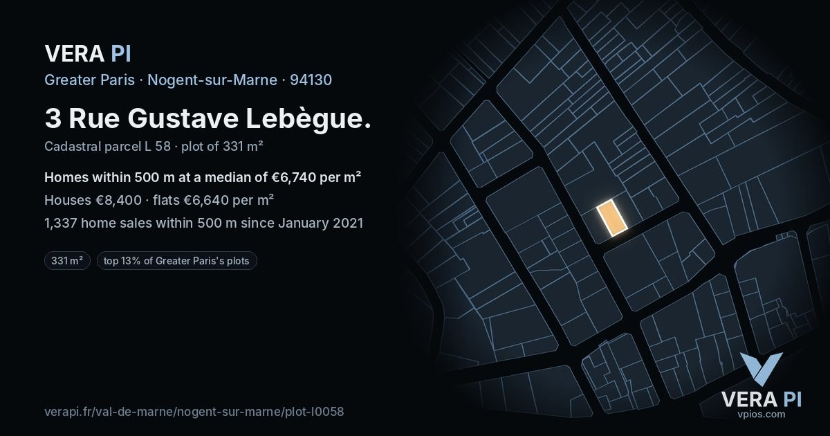 3 Rue Gustave Lebègue, Nogent-sur-Marne at night – the plot lit, the parcels around coloured by the prices near them