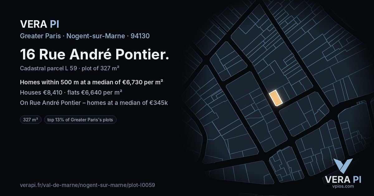 16 Rue André Pontier, Nogent-sur-Marne at night – the plot lit, the parcels around coloured by the prices near them