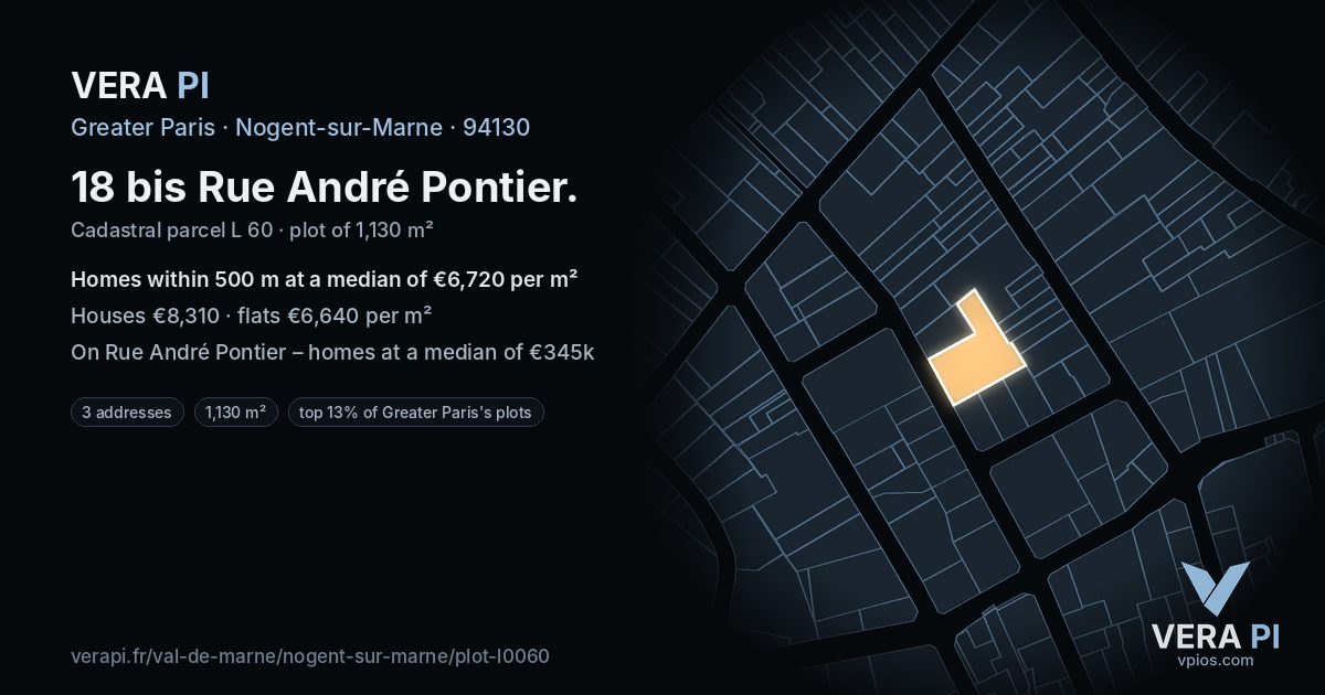 18 bis Rue André Pontier, Nogent-sur-Marne at night – the plot lit, the parcels around coloured by the prices near them