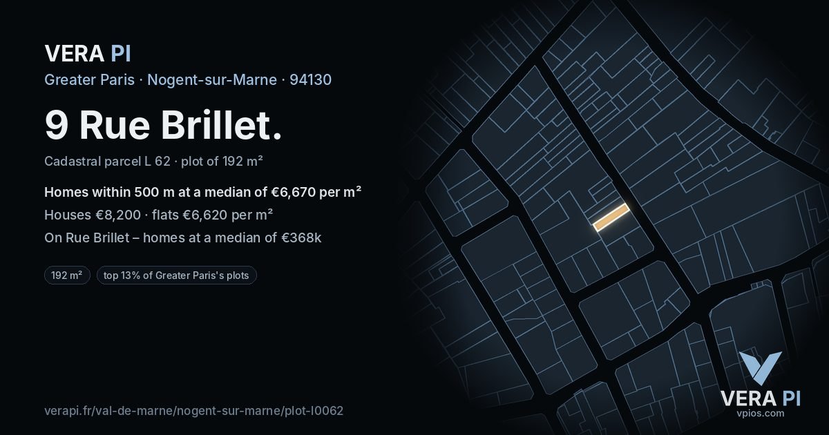 9 Rue Brillet, Nogent-sur-Marne at night – the plot lit, the parcels around coloured by the prices near them