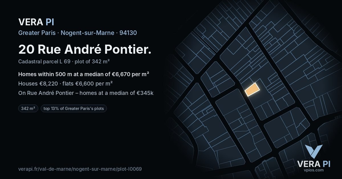 20 Rue André Pontier, Nogent-sur-Marne at night – the plot lit, the parcels around coloured by the prices near them