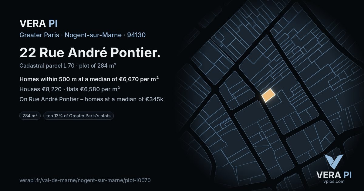 22 Rue André Pontier, Nogent-sur-Marne at night – the plot lit, the parcels around coloured by the prices near them