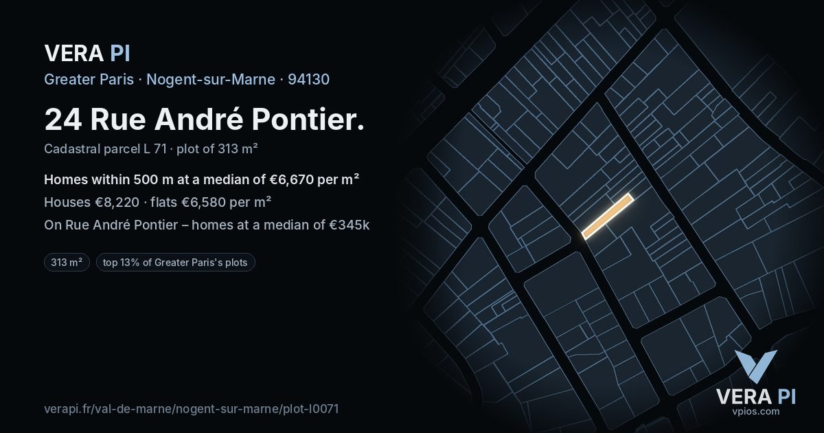 24 Rue André Pontier, Nogent-sur-Marne at night – the plot lit, the parcels around coloured by the prices near them