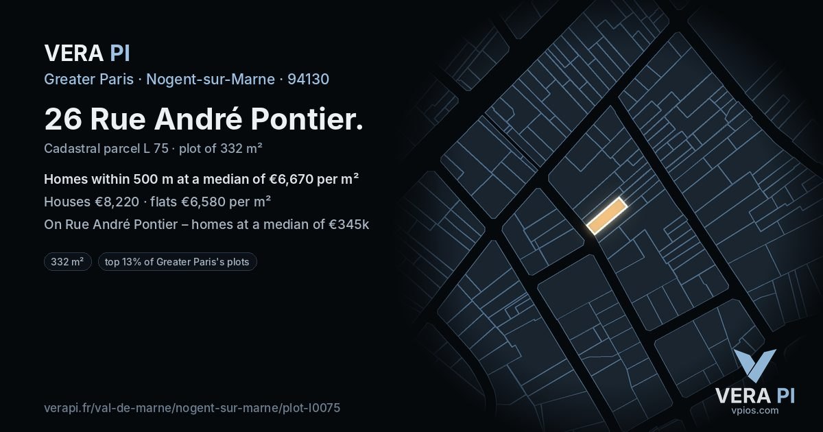 26 Rue André Pontier, Nogent-sur-Marne at night – the plot lit, the parcels around coloured by the prices near them