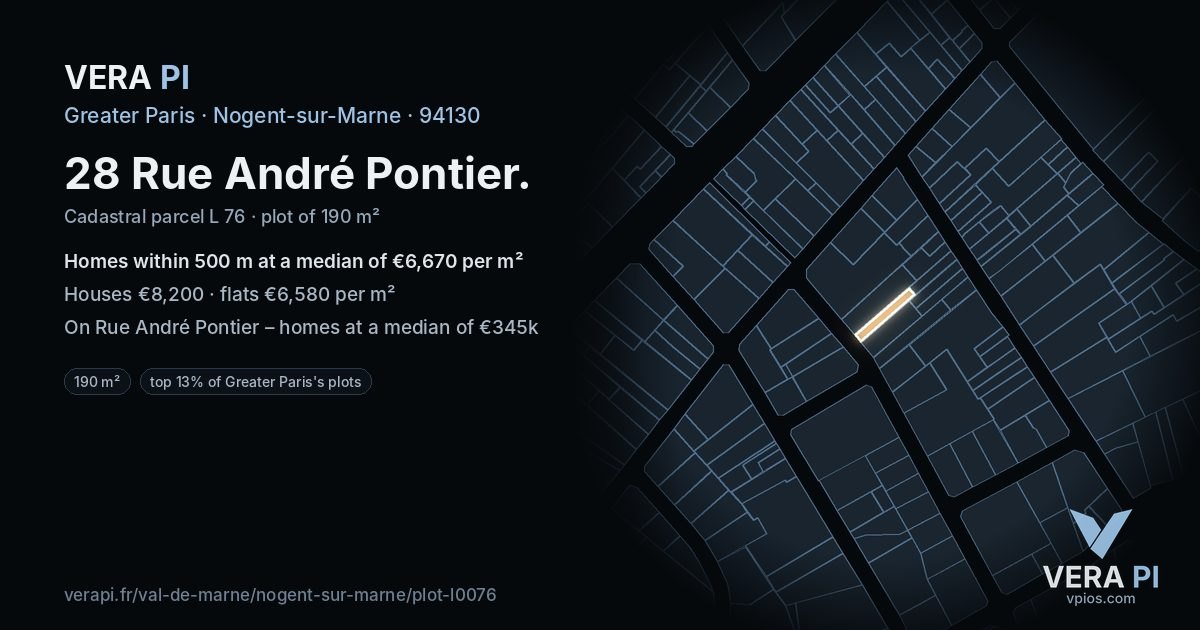 28 Rue André Pontier, Nogent-sur-Marne at night – the plot lit, the parcels around coloured by the prices near them