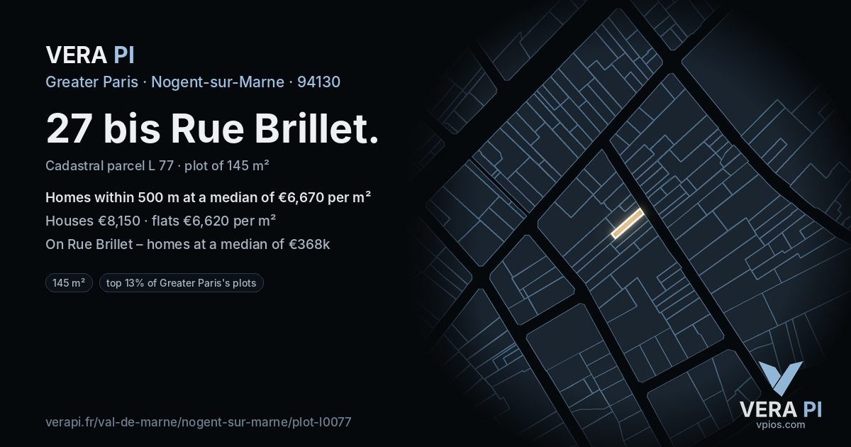 27 bis Rue Brillet, Nogent-sur-Marne at night – the plot lit, the parcels around coloured by the prices near them