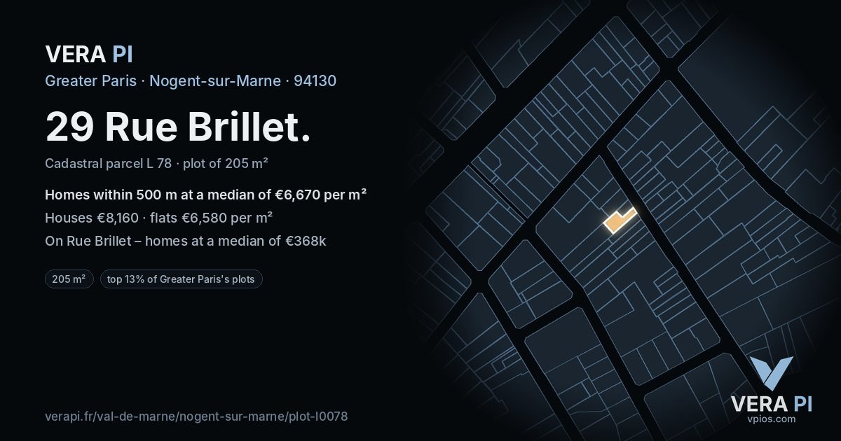 29 Rue Brillet, Nogent-sur-Marne at night – the plot lit, the parcels around coloured by the prices near them