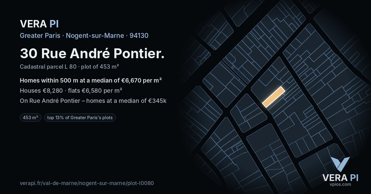 30 Rue André Pontier, Nogent-sur-Marne at night – the plot lit, the parcels around coloured by the prices near them
