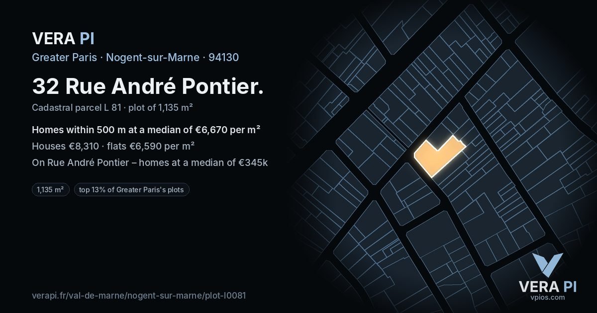 32 Rue André Pontier, Nogent-sur-Marne at night – the plot lit, the parcels around coloured by the prices near them