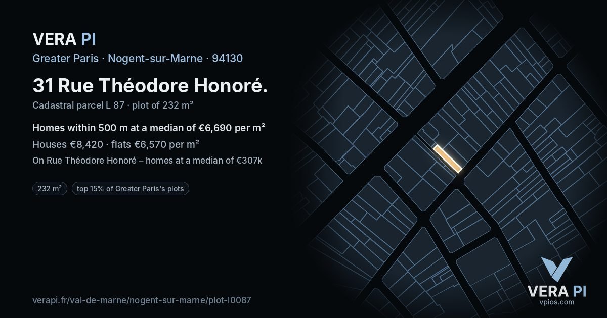31 Rue Théodore Honoré, Nogent-sur-Marne at night – the plot lit, the parcels around coloured by the prices near them