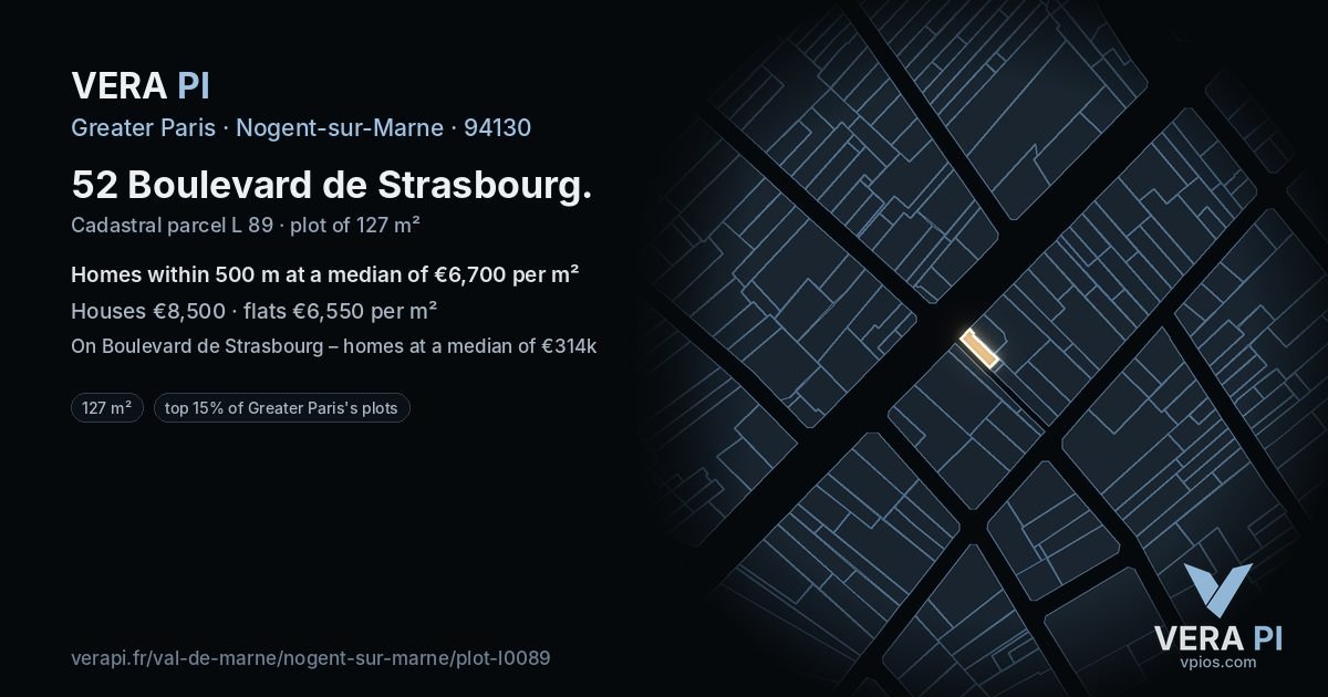 52 Boulevard de Strasbourg, Nogent-sur-Marne at night – the plot lit, the parcels around coloured by the prices near them