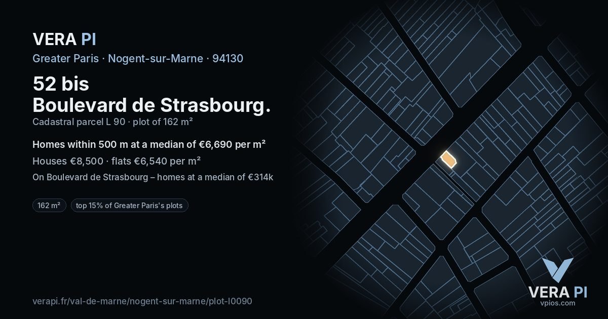 52 bis Boulevard de Strasbourg, Nogent-sur-Marne at night – the plot lit, the parcels around coloured by the prices near them