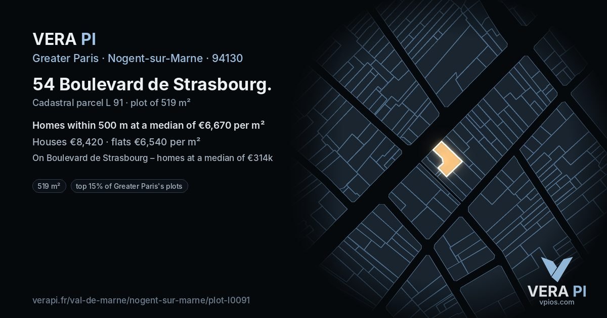 54 Boulevard de Strasbourg, Nogent-sur-Marne at night – the plot lit, the parcels around coloured by the prices near them