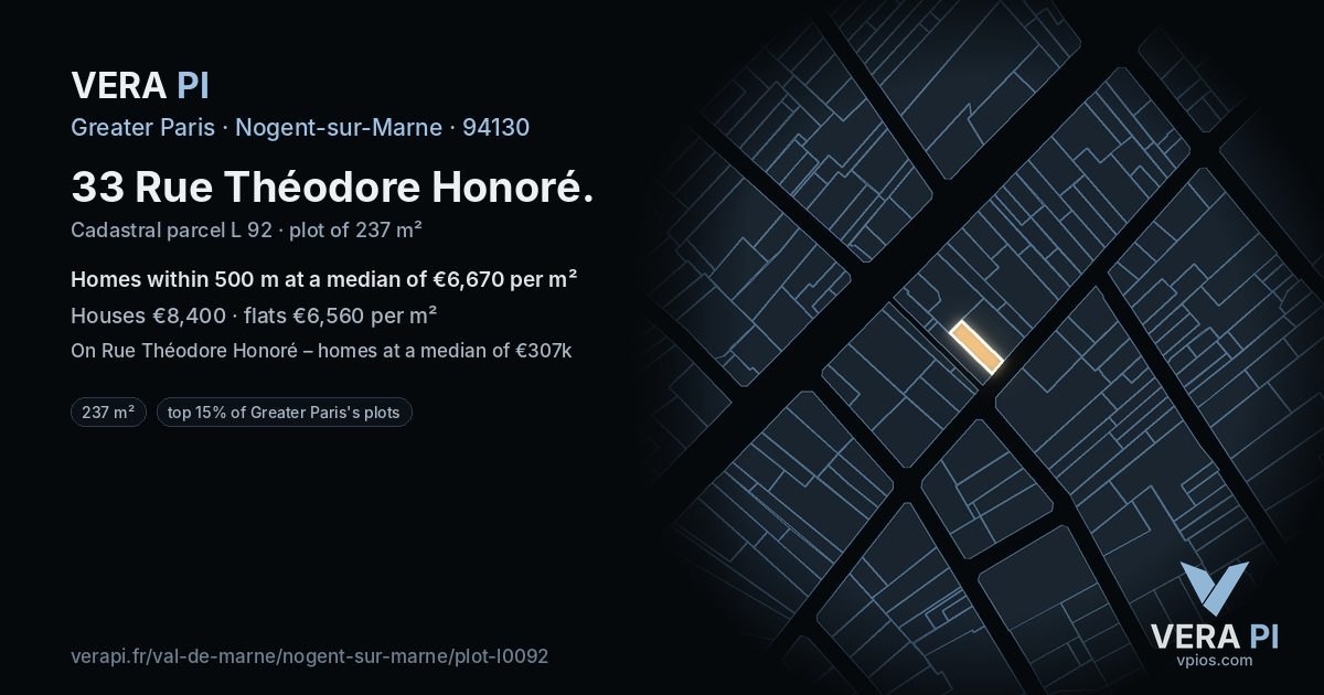 33 Rue Théodore Honoré, Nogent-sur-Marne at night – the plot lit, the parcels around coloured by the prices near them