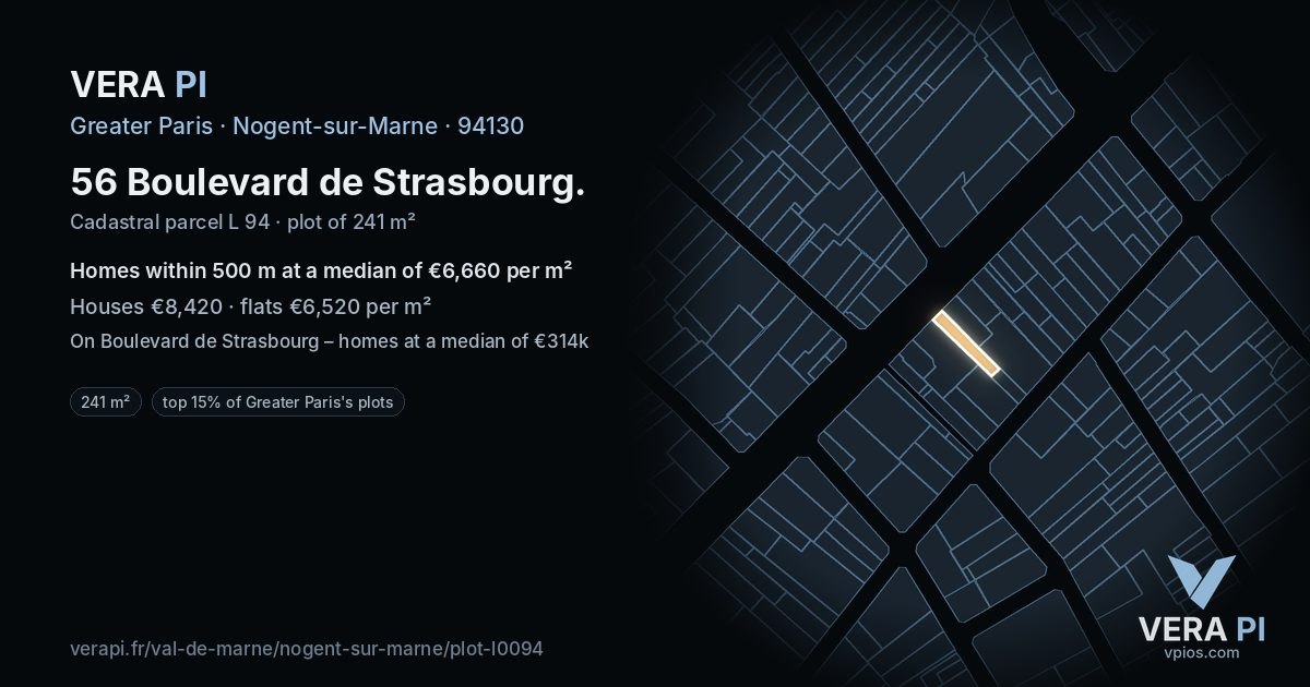 56 Boulevard de Strasbourg, Nogent-sur-Marne at night – the plot lit, the parcels around coloured by the prices near them