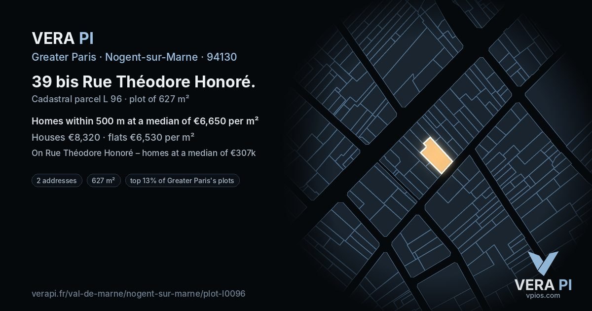 39 bis Rue Théodore Honoré, Nogent-sur-Marne at night – the plot lit, the parcels around coloured by the prices near them