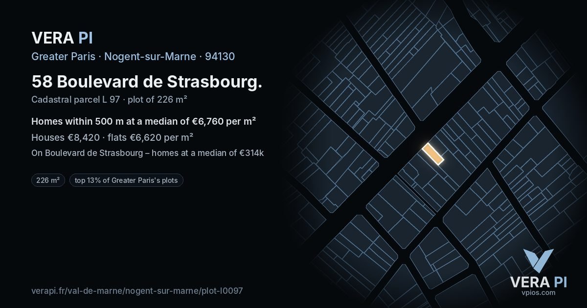 58 Boulevard de Strasbourg, Nogent-sur-Marne at night – the plot lit, the parcels around coloured by the prices near them