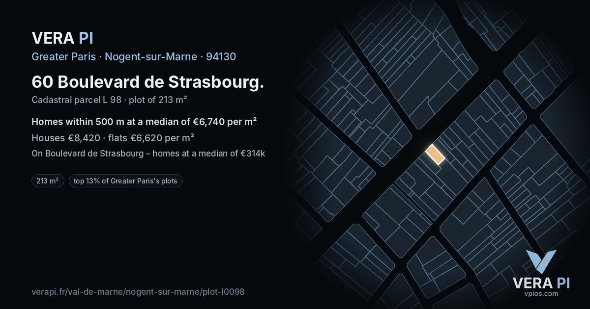 60 Boulevard de Strasbourg, Nogent-sur-Marne at night – the plot lit, the parcels around coloured by the prices near them