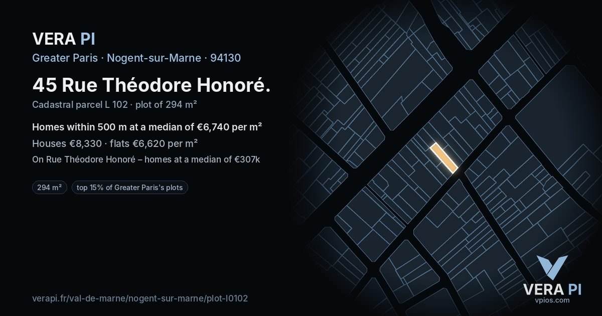 45 Rue Théodore Honoré, Nogent-sur-Marne at night – the plot lit, the parcels around coloured by the prices near them
